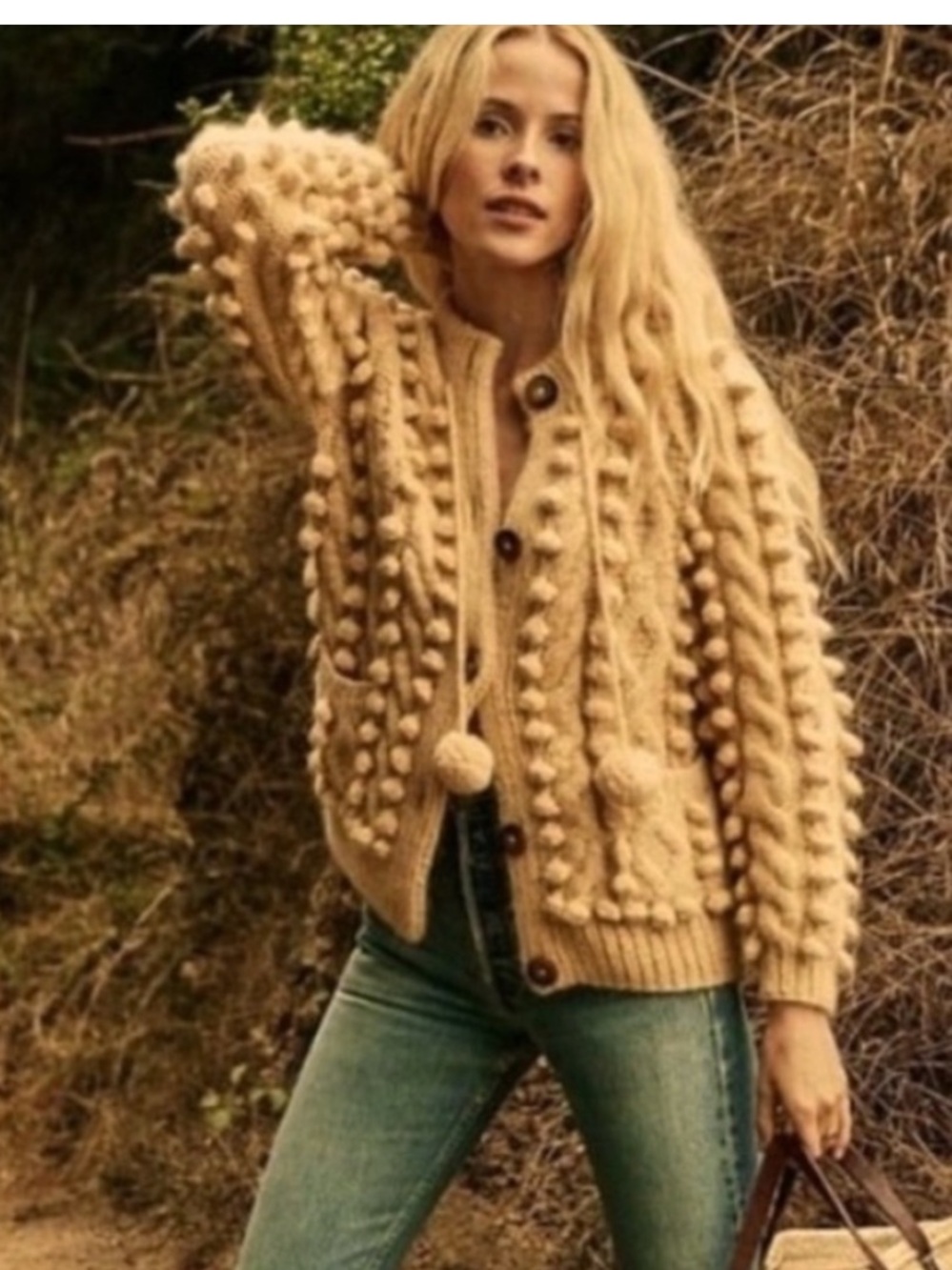 🎀DÔEN Pomme🎀Baby Alpaca Chunky Cable Knit Pom Pom Cardigan! Cream! Size S!  EUC!